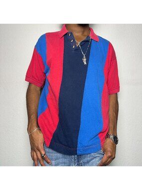 VTG American Heritage Trail Men XL Polo Shirt Short Sleeve Striped Red Blue 90s